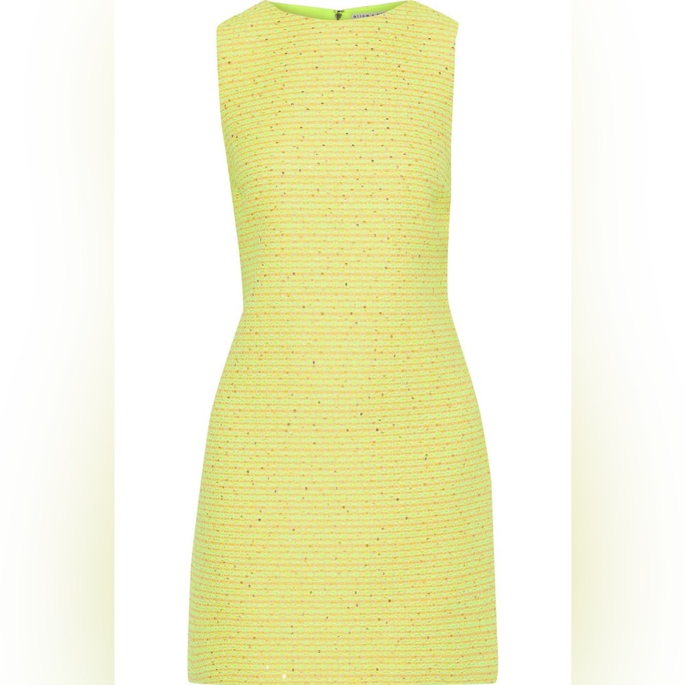 ALICE + OLIVIA Clyde Sequin Embellished Tweed Shift Dress -Neon Yellow -Size 4 - Picture 2 of 10